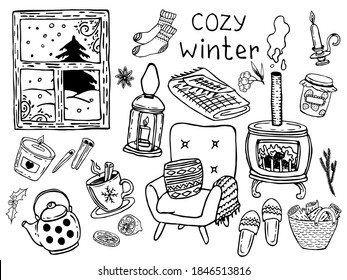 Cozy home. Cozy winter. Cozy doodle set. Hand drawing. Vector illustrations. 