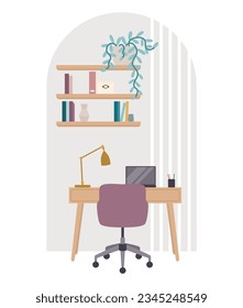 Cozy home work and study place interior illustration in flat style. Work desk with laptop, armchair, bookshelves and home plant.
