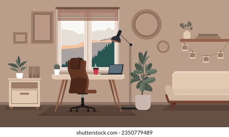 Acogedor lugar de trabajo doméstico. No hay ilustración de la oficina de la casa de nadie. Interior de estilo loft, espacio de trabajo independiente. Sala de dibujos animados con mesa, ventana, lámpara, sofá, portátil