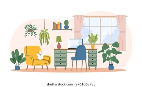 Cozy home workspace interior background6. Modern home workspace interior with a desk, chairs, plants and laptop placed near a large window. Vector flat template.
