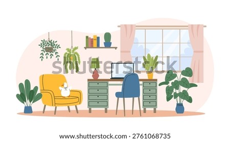 Cozy home workspace interior background6. Modern home workspace interior with a desk, chairs, plants and laptop placed near a large window. Vector flat template.