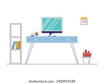 Cozy home workspace modern interior, with computer, calendar and books. Character design. Vector flat illustration