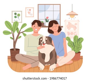 In a cozy home, a young couple is sitting with their dog and having a good time. Daily life concept vector illustration with dog.