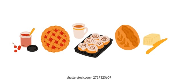 Cozy Homemade Baking Vector Set. Bread, Pie, Cinnamon Rolls, Jam, Butter, Coffee, Rustic Bakery Desserts and Breakfast Food Illustration