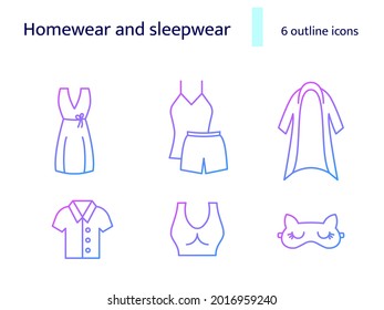Cozy homewear and sleepwear outline icons set. Comfortable clothes. Nightshirt and nightie, pajama. Purple gradient symbols collection. Isolated vector stock illustration