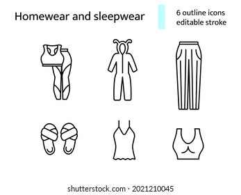 Cozy homewear and sleepwear outline icons set. Comfortable clothes. Nightshirt and nightie, pajama. Customizable linear contour symbols collection. Editable stroke. Isolated vector stock illustration