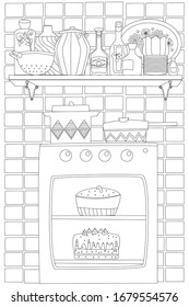 cozy homey kitchen with cake in stove and wall shelf of tableware on tile pattern background for your coloring page