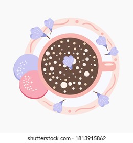 Cozy hot beverage and cookies. Cup of hot chocolate with marshmallows. Vector illustration for icon, poster, banner. Isolated on white background.