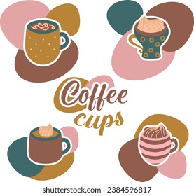 Cozy hot drink cups collection. Flat cartoon illustration. Hot chocolate, cocoa, tea and coffee cups. English tea cups in warm colors of mustard, terracotta, teal, pink. Vintage design decoration.