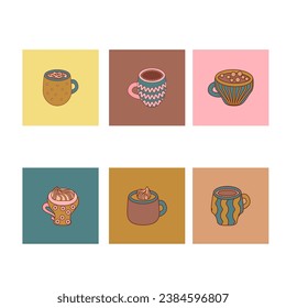 Cozy hot drink cups icons. Flat cartoon illustration. Hot chocolate, cocoa, tea and coffee cups. English tea cups in warm colors of mustard, terracotta, teal, pink. Isolated vintage design elements.
