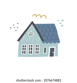 Cozy house with abstract shapes in hand drawn style. Scandinavian style. Perfect for t-shirt, apparel, cards, poster, nursery decoration. Isolated on white background vector illustration