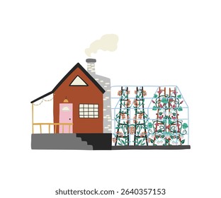 Cozy house with an attached greenhouse full of vegetables. Concept of home gardening, sustainable living, and eco-friendly lifestyle
