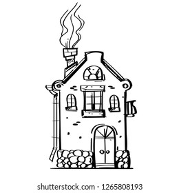 A cozy house with a balcony, smoke comes out of the chimney. Vector black and white drawing.