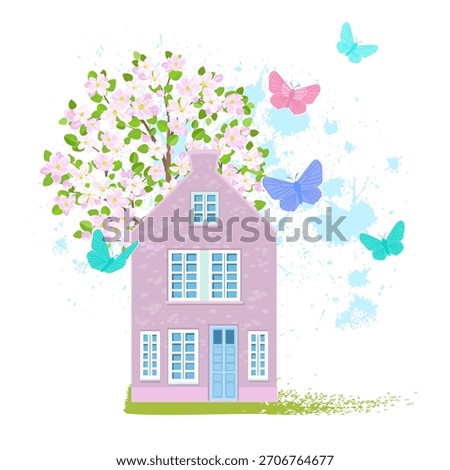 cozy house with blooming apple tree and flying butterflies. sweet home