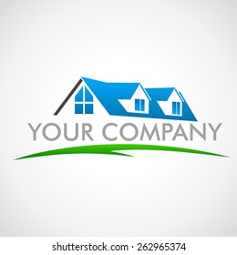 A cozy house with a blue roof on a green lawn. Logo for company trademark. Logo for the construction company, in the form of roof.