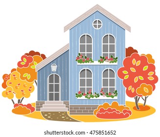 Cozy House. Blue Wood. Autumn in City. Garden.