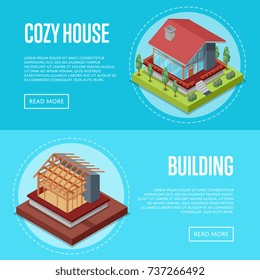 Cozy house building posters set. House framework construction, walls and roof installation vector illustration. Construction stages of house, real estate development isometric 3D concept