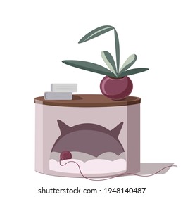 A cozy house for a cat in the form of a bedside table. A potted flower, books, and a ball of woolen thread. Vector isolated on a white background