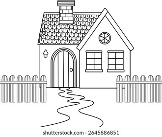 A cozy house with chimney and shingles, surrounded by a small wooden fence. A path leads to the door. Doodle illustration for coloring. Vector illustration