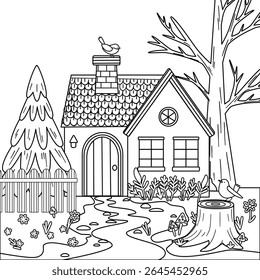 A cozy house with a chimney, surrounded by a tree, a pine tree, and flowers. A pathway leads to the door, with birds perched on the roof and tree. Doodle illustration for coloring. Vector illustration