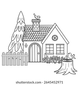 Cozy house with chimney, surrounded by wood, pine and flowers. There is a stump in front of the house, a bird is sitting on the roof. Doodle illustration for coloring pages. Vector illustration