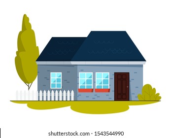 Cozy house. City cottage building. Town architecture concept. Facade of apartment. Isolated flat illustration