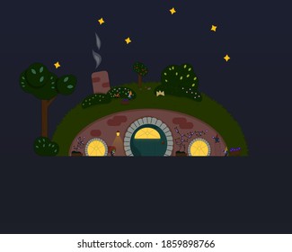 Cozy house at clear silent night with gnomes that decorate it with flowers and berries