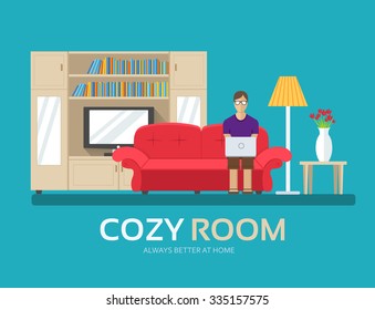 Cozy house in flat design background concept. The guy sitting on the couch in the room and around furniture. Icons for your product or illustration, web and mobile applications.