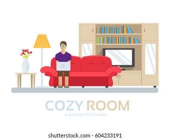 Cozy house in flat design background concept. The guy sitting on the couch in the room and around furniture. Icons for your product or illustration, web and mobile applications.
