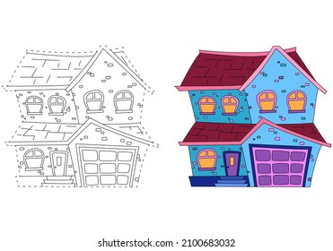 Cozy house with a garage. Coloring book for children. Practice of handwriting. Education Development Worksheet.