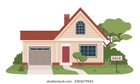 Cozy house with garage for sale. Isolated white background. Modern flat cartoon illustration