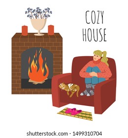 Cozy house. The girl is sitting in a large comfortable chair, legs crossed by the fireplace. Cat is sleeping next to her. Cute flat cartoon vector illustration isolated on white background. Drawn by h