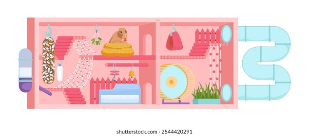 Cozy house for hamster or guinea pig. Pets cage with pipe tunnel and tools for playing and food eating, bowl to drink and bath, toys and wheel for training of rodent cartoon.