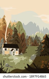 Cozy house in the heart of the forest between the trees on a background of mountains