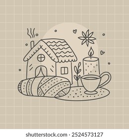 Cozy house illustration with candle, blanket, and cup in minimalist line art style.