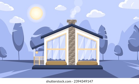 Cozy house illustration. A cozy countryside cottage in nature surrounded by trees. A cottage exterior cartoon vector illustration.