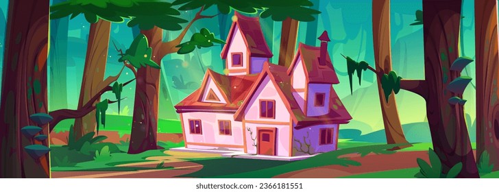 Cozy house in magic summer forest. Vector cartoon illustration of fairytale cottage with wooden windows, door, chimney on roof in shadow of old tall trees, green foliage on branches, game background