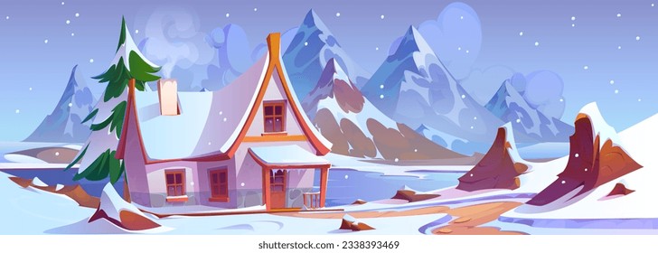 Cozy house near lake in winter mountain valley. Vector cartoon illustration of fir tree growing near rural cottage, porch covered with snow, smoke rising from chimney, snowflakes falling from sky