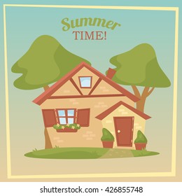 A cozy house on a background of two trees. On the window flowers grow near the doors are decorative bushes. Summer. Vector cartoon illustration