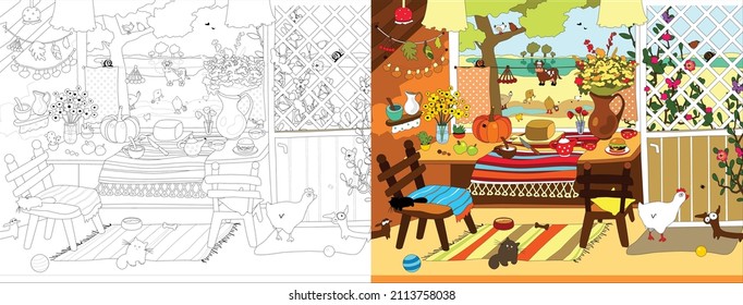 Cozy house series. Vector illustration for a coloring book.