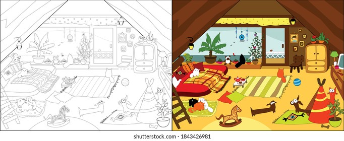 Cozy house series. Vector illustrations for coloring book.