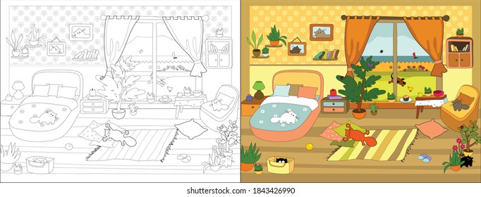 Cozy house series. Vector illustrations for coloring book.