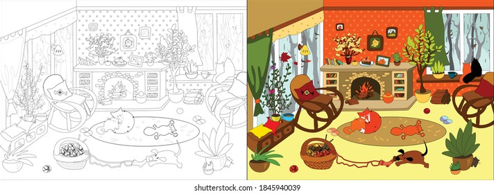 Cozy house series. Vector illustrations for coloring book.