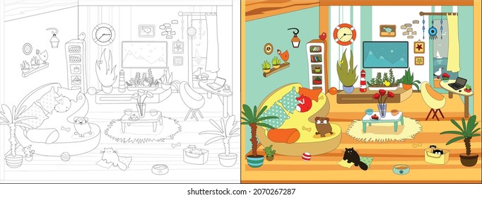 Cozy house series. Vector illustrations for coloring book.