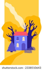 Cozy house with smoke out of pipe . Autumn landscape and orange garden. Cozy autumn card