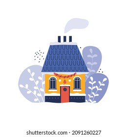 Cozy house in the snow is festively decorated. Merry Christmas and Happy New Year! Winter city landscape. Outside village house interior. Hand drawn vector illustration in cartoon flat style