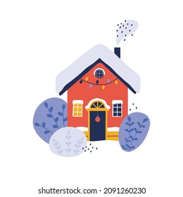 Cozy house in the snow is festively decorated. Merry Christmas and Happy New Year! Winter city landscape. Outside village house interior. Hand drawn vector illustration in cartoon flat style