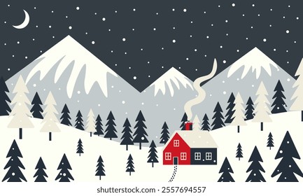 Cozy House in a Snowy Mountain Forest. Winter Landscape Vector