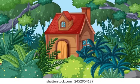 Cozy house surrounded by dense, vibrant foliage.