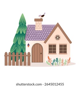 A cozy house surrounded by pine trees and flowers. There is a bird sitting on the roof. There is a fence in front of the house and a tile roof with a chimney. The scene is bright and inviting. Vector